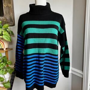 Vintage 90s Black Green Blue Colorblock Striped Turtleneck Sweater Size Large